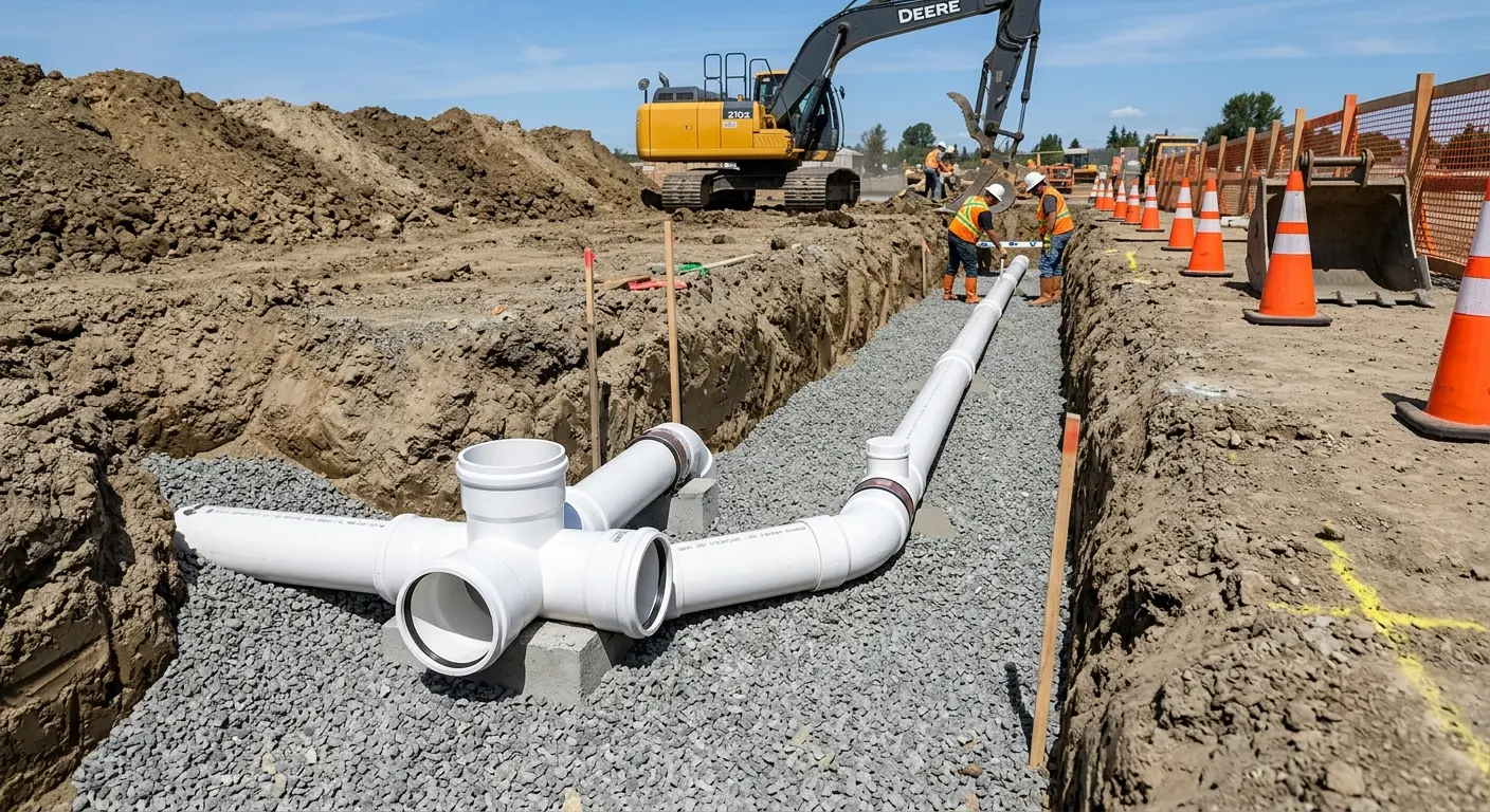New PVC sewer pipe installation in open trench for Sewer Backup in Niagara
