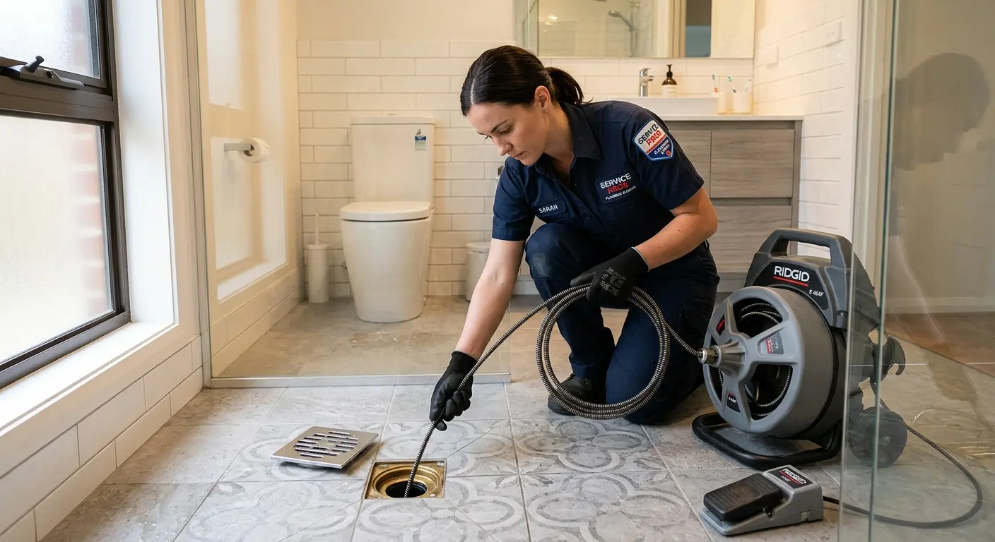 Technician clearing a bathroom floor drain for Drain Cleaning in Niagara